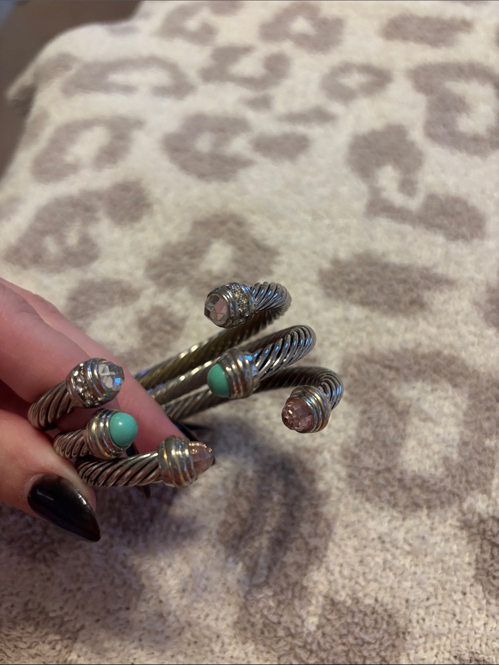 Set of 3 inspired cable bangles- rhinestone, pink, turquoise